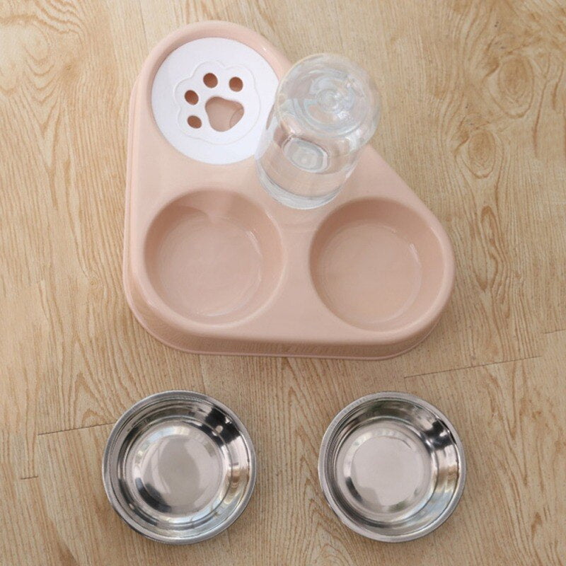 500ML 3 in 1 Pet Dog Cat Bowl Automatic Feeder Cat Food Bowl with Water Fountain Double Bowl Drinking Raised Stand Dish Bowls