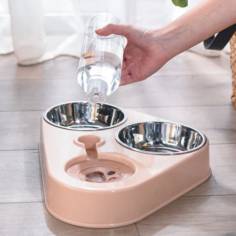 500ML 3 in 1 Pet Dog Cat Bowl Automatic Feeder Cat Food Bowl with Water Fountain Double Bowl Drinking Raised Stand Dish Bowls