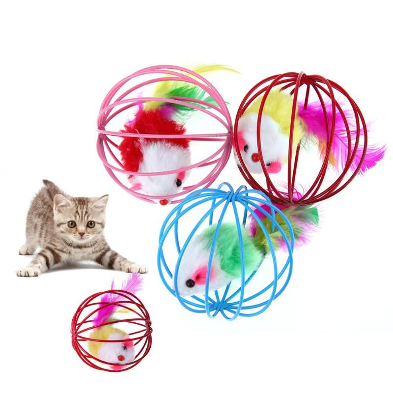 6.5Cm Funny Pet Kitten Cat Toys Playing Artificial Feather Mouse Rat Mice Ball Cage Cute Plush Toy Pet Accessories